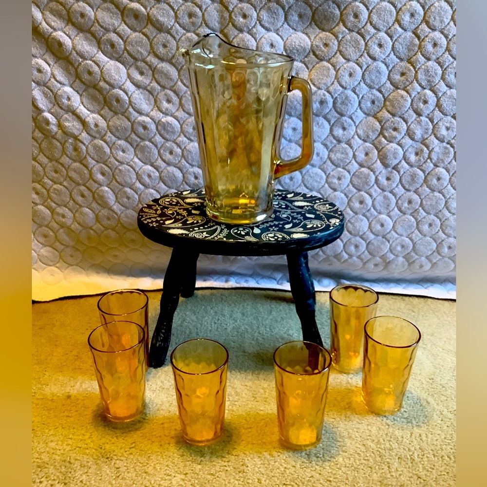 Jeannette Glass Marigold Iridescent HEX OPTIC Pattern Beverage Set